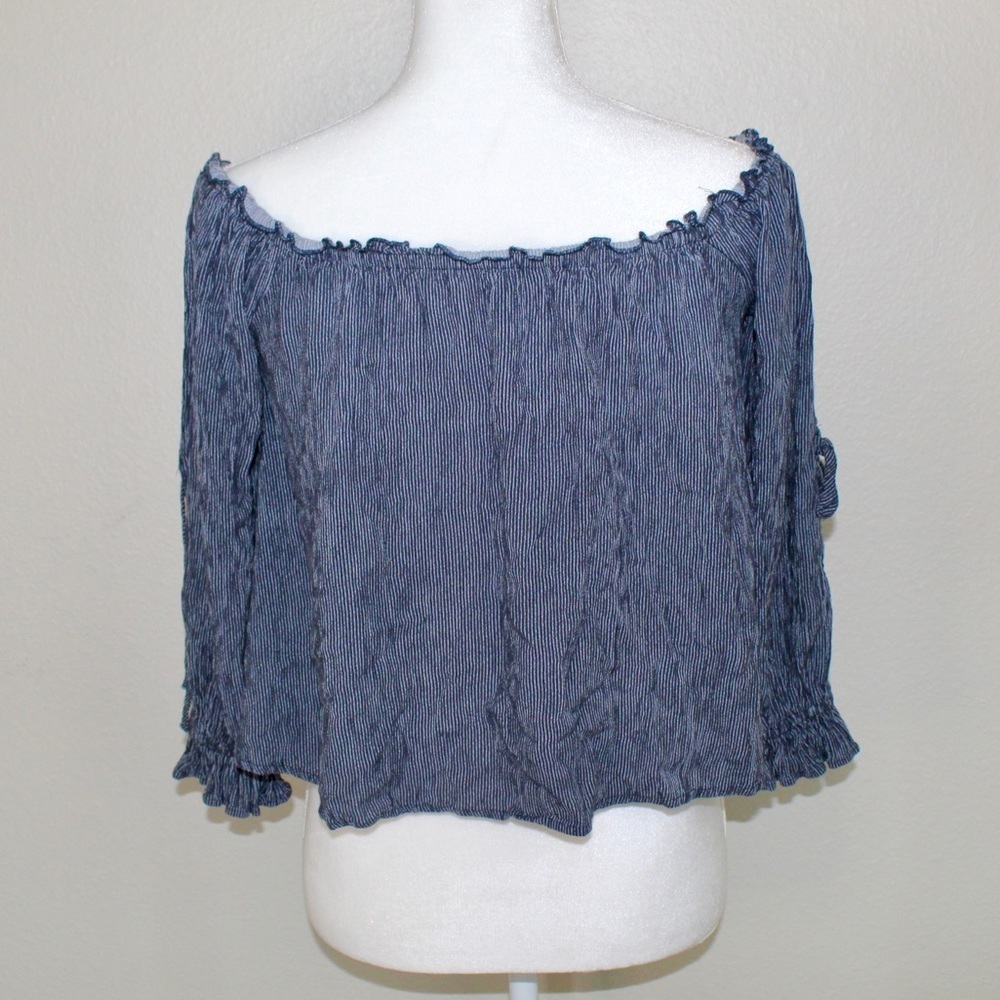American Eagle Blue & White Off Shoulder / Cold Shoulder Ruffle Top - Size XS